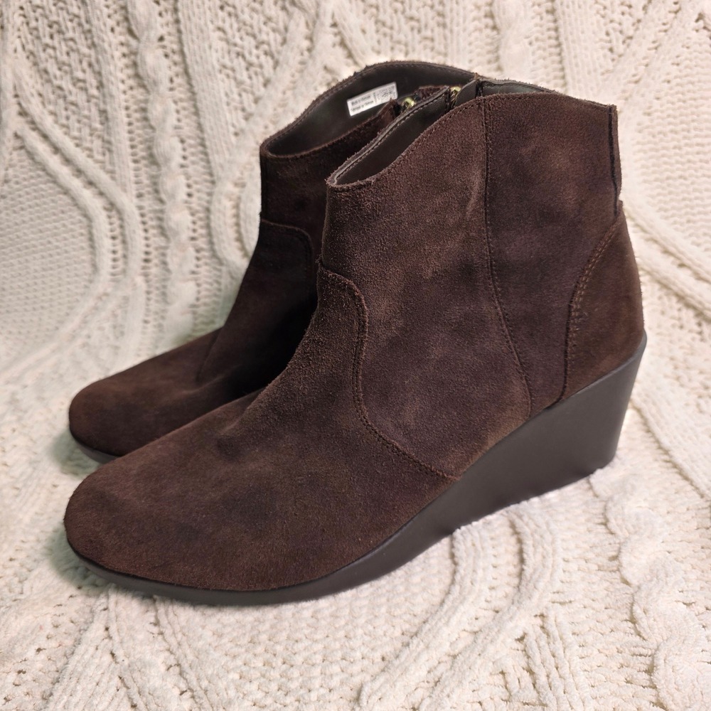 Crocs Leigh Suede Leather Wedge Bootie Boots Brown Ankle Zip Womens‎ 10 NEW